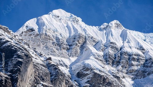 a beautiful ice-covered mountain, featuring views of snow and ice covering the mountain slopes. generative ai photo