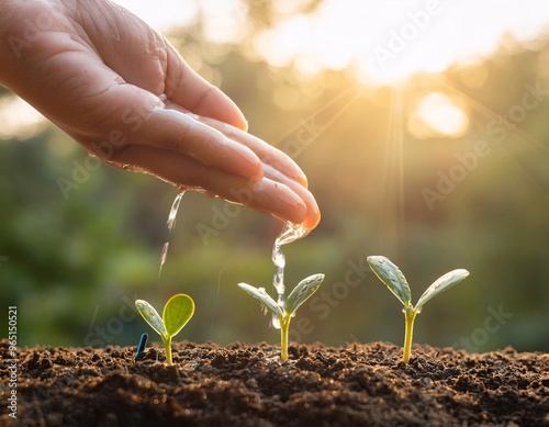 someone is watering it, new plant seeds are growing from the fertile soil, generative ai photo