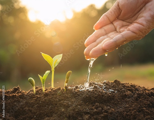 someone is watering it, new plant seeds are growing from the fertile soil, generative ai photo