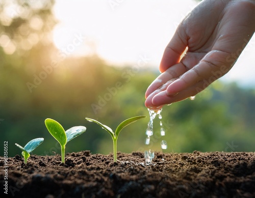 someone is watering it, new plant seeds are growing from the fertile soil, generative ai photo