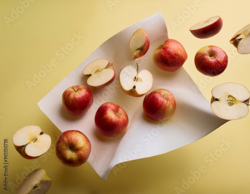 fresh apple fruit floating in the air with white mockup paper. generative ai photo