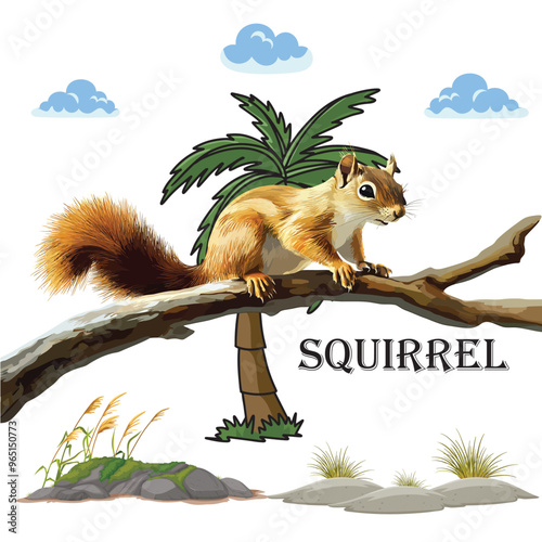Realistic Vector Illustration of Squirrel Isolated on White Background, climbing on a branch.