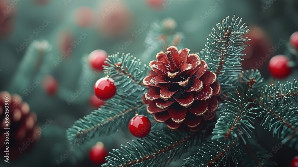 Frost-covered pinecone surrounded by red ornaments on evergreen branches during a winter holiday celebration