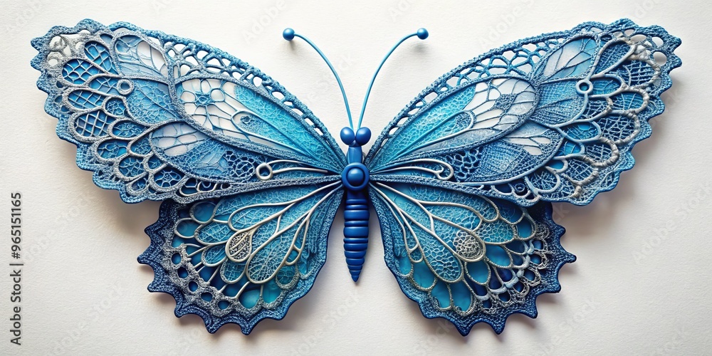 Obraz premium Blue Lace Butterfly - Crafted with Delicate Detail, Intricate Design, White Background, Butterfly, Lace, Blue