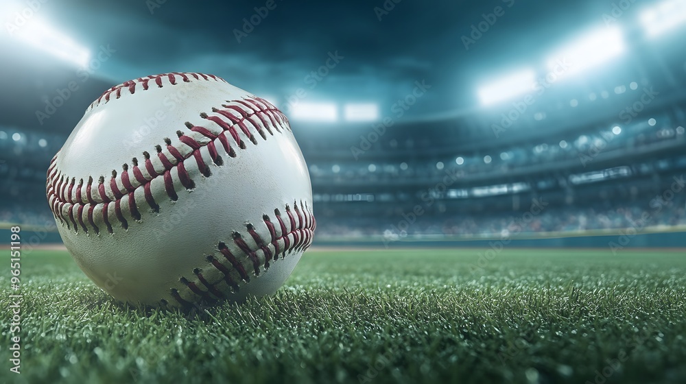 Baseball on Grass Field with Stadium Lights Baseball on Grass Field with Stadium Lights