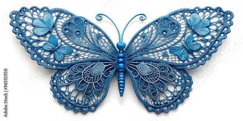 Blue Glitter Lace Butterfly Ornament, white background, blue glitter, decorative, butterfly ornament, craft, decoration