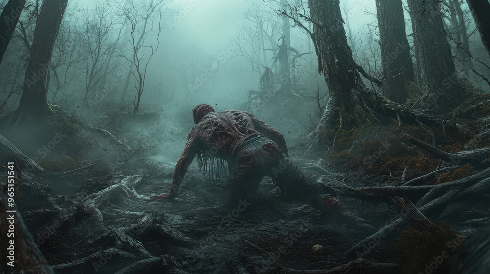 A zombie is falling into a forest. A zombie is falling into a forest.