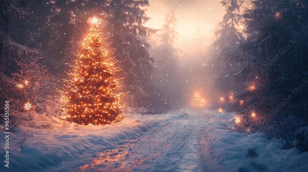 A serene winter evening with illuminated Christmas trees lining a snow-covered forest path at dusk A serene winter evening with illuminated Christmas trees lining a snow-covered forest path at dusk