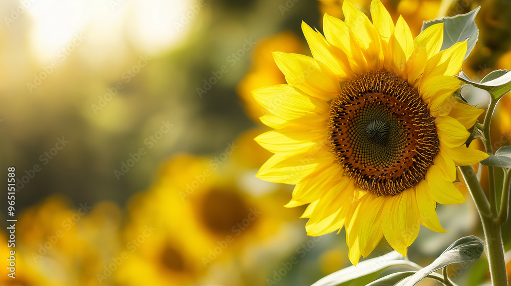 A field of bright sunflowers stands tall under the warm sunlight, showcasing their vibrant yellow petals and inviting natural beauty during the harvest season, copy space A field of bright sunflowers stands tall under the warm sunlight, showcasing their vibrant yellow petals and inviting natural beauty during the harvest season, copy space