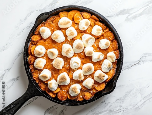 Sweet potato casserole with marshmallows in a cast iron skillet. photo