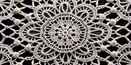 Close-up of a delicate, intricate crocheted lace doily, showcasing the artistry of handcrafts, white thread, and intricate patterns. ,crochet, doily