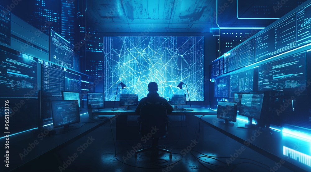 A high-tech workspace featuring a person at a desk in a room illuminated by blue neon lights and digital circuitry patterns on the walls , person in high tech workspace A high-tech workspace featuring a person at a desk in a room illuminated by blue neon lights and digital circuitry patterns on the walls , person in high tech workspace