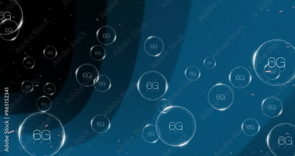 Animation of 6g text and data processing over blue circles Animation of 6g text and data processing over blue circles