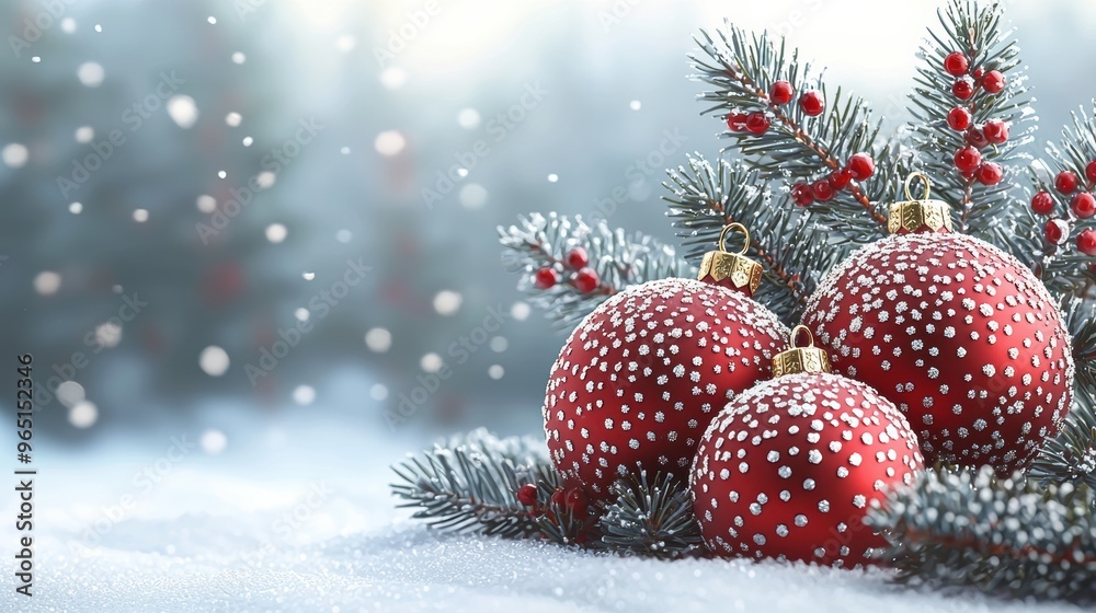 Festive red and gold ornaments resting on snow-covered pine branches during a snowy winter day Festive red and gold ornaments resting on snow-covered pine branches during a snowy winter day