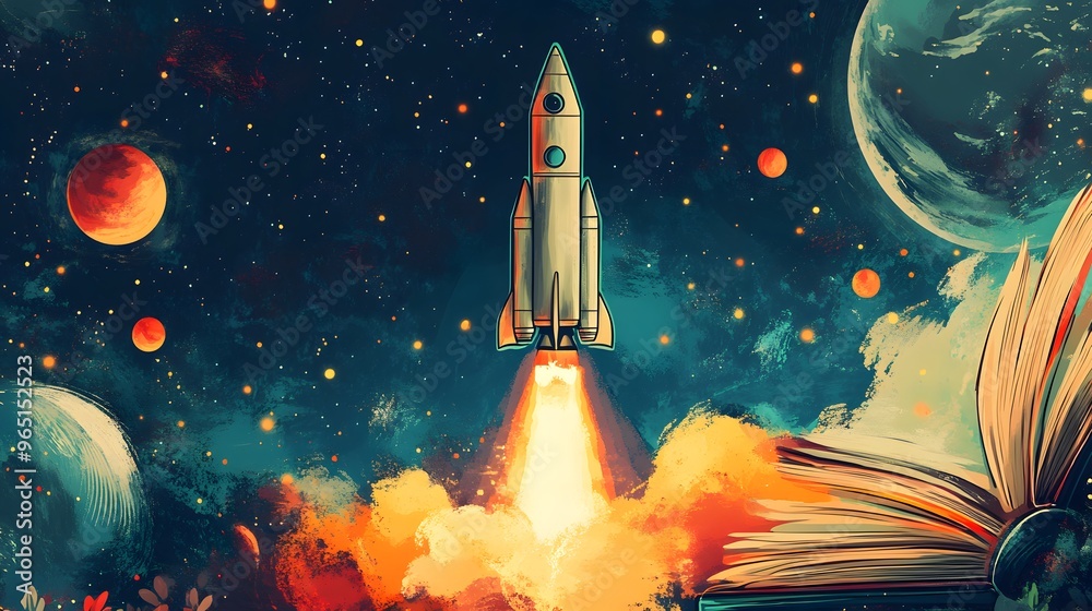 Fototapeta premium Rocket Launch from an Open Book into Space