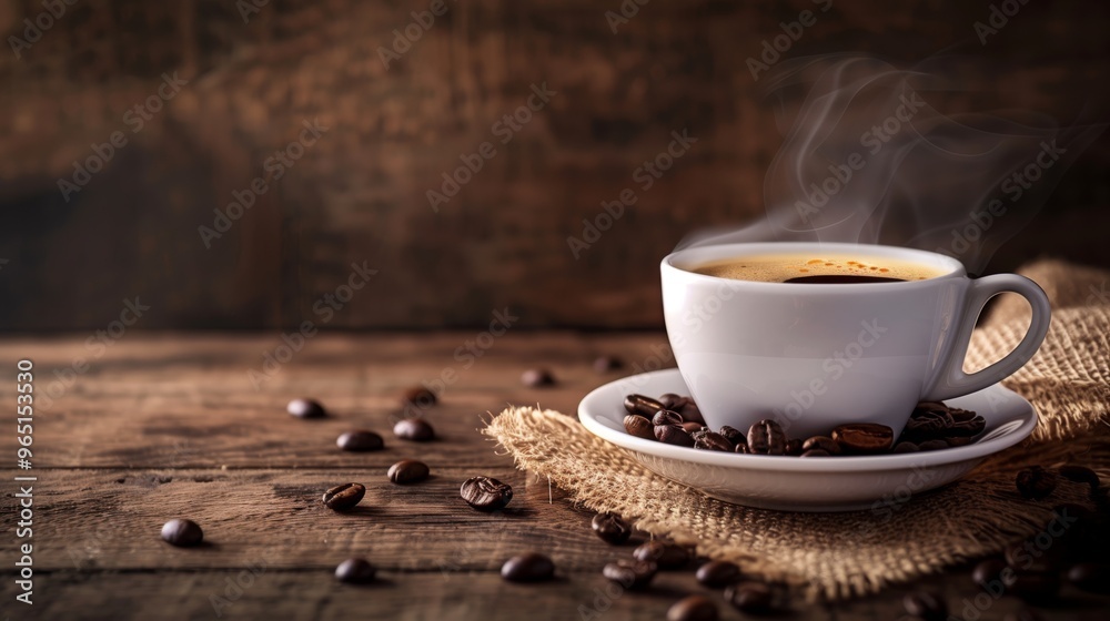 Steaming Hot Coffee in White Cup on Rustic Wooden Table - Cozy Morning Beverage Setting Steaming Hot Coffee in White Cup on Rustic Wooden Table - Cozy Morning Beverage Setting