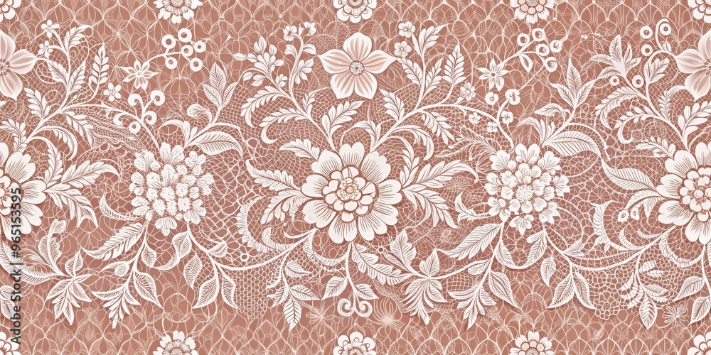 Fototapeta premium Delicate White Lace Floral Pattern on Brown Background, Lace, Fabric, Floral