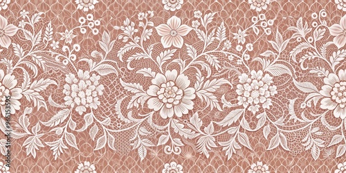 Delicate White Lace Floral Pattern on Brown Background, Lace, Fabric, Floral