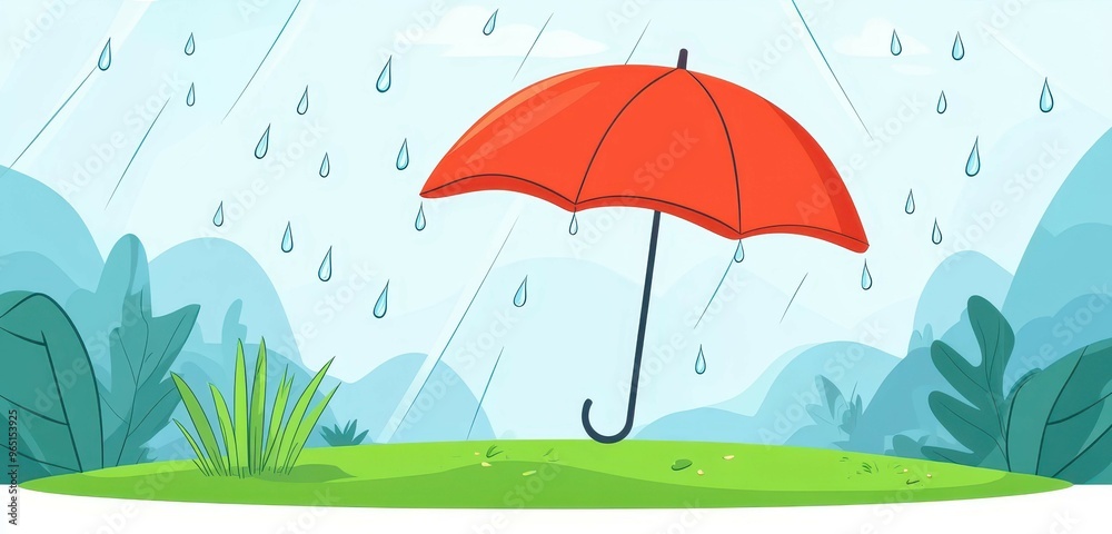 Fototapeta premium Bright and playful cartoon illustration of a colorful umbrella shielding against rain, designed with charming textures.