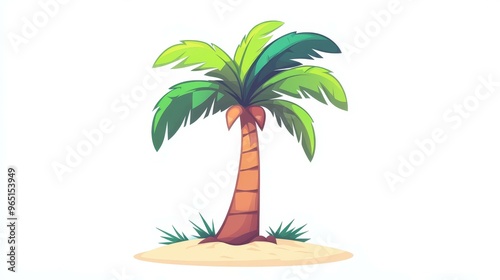 Bright, cartoonish coconut palm tree with green fronds, perfect for games or tropical themed designs. photo