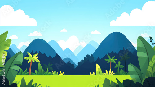 Fototapeta Naklejka Na Ścianę i Meble -  A vibrant cartoon jungle landscape filled with lush greenery, playful animals, and a cheerful, inviting atmosphere.