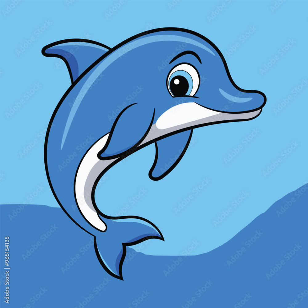Vector cartoon blue dolphin in blue water illustration