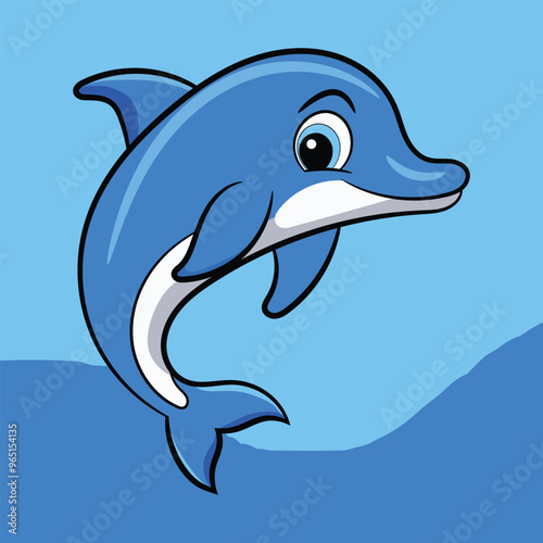 Vector cartoon blue dolphin in blue water illustration