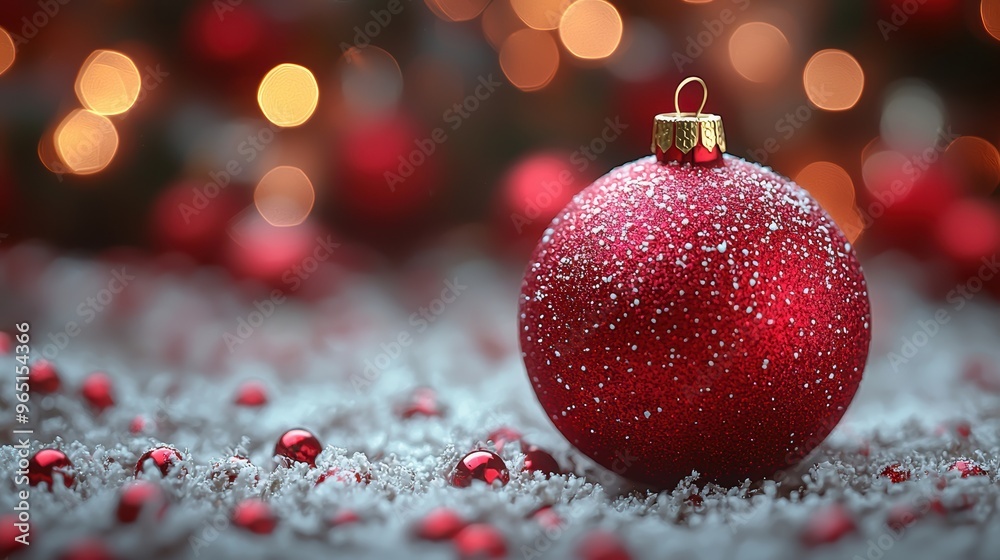 A vibrant red Christmas ornament resting on a snowy surface amidst shimmering golden lights during the holiday season A vibrant red Christmas ornament resting on a snowy surface amidst shimmering golden lights during the holiday season