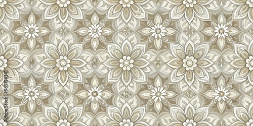 Elegant White Floral Mandala Pattern, beige and white colors, seamless repeating design, vector illustration, mandala art, floral pattern, abstract art