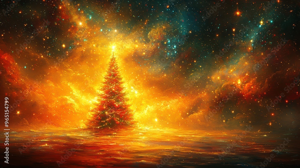 A glowing Christmas tree illuminates a vibrant cosmic landscape filled with swirling colors and sparkling stars during the holiday season A glowing Christmas tree illuminates a vibrant cosmic landscape filled with swirling colors and sparkling stars during the holiday season