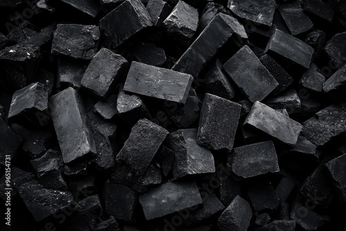 A black and white photo of a pile of black bricks
