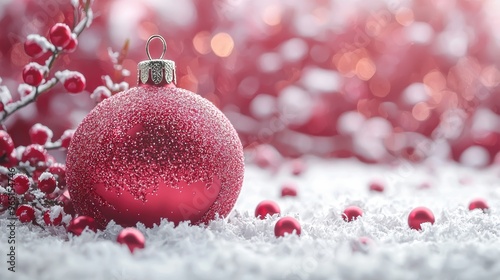 Beautiful red Christmas ornament resting on a bed of snow with delicate berry branches in a festive, winter setting