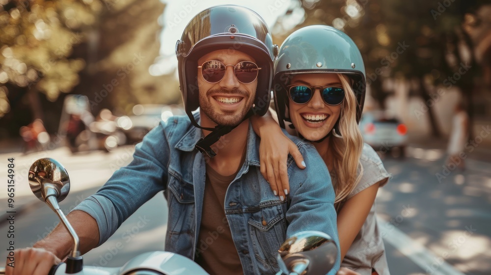 A young couple wearing sunglasses and helmets smiles while riding a scooter outdoors on an open road. A young couple wearing sunglasses and helmets smiles while riding a scooter outdoors on an open road.