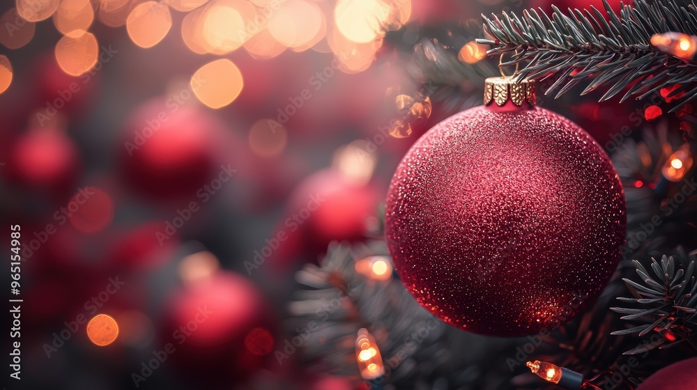 A close-up of a sparkling red Christmas ornament hanging on a pine tree amidst soft glowing holiday lights A close-up of a sparkling red Christmas ornament hanging on a pine tree amidst soft glowing holiday lights