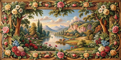 Floral Frame Enclosing a Serene River Landscape, Oil Painting, Flowers, River, Mountains, art, landscape