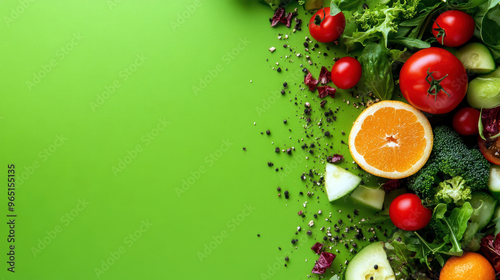 A green background with a variety of fruits and vegetables including an orange and a tomato. Concept of health and wellness, as well as the importance of a balanced diet A green background with a variety of fruits and vegetables including an orange and a tomato. Concept of health and wellness, as well as the importance of a balanced diet