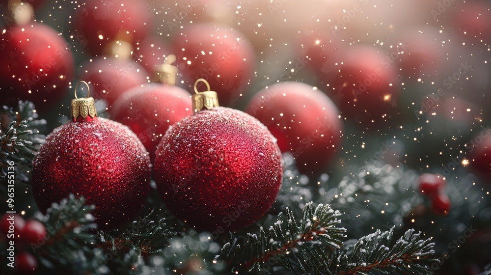 Red Christmas ornaments glitter in the snow while resting on green pine branches during a festive holiday season Red Christmas ornaments glitter in the snow while resting on green pine branches during a festive holiday season