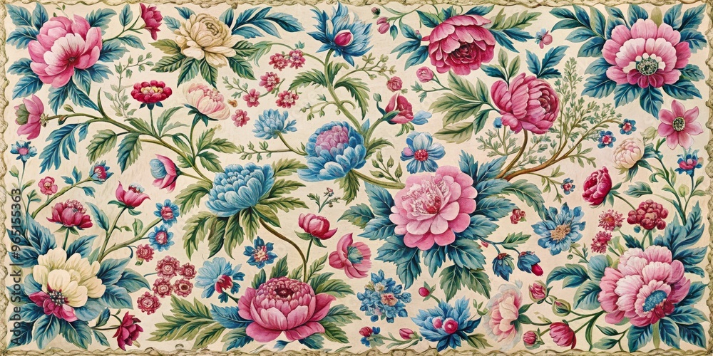 Floral Tapestry Hand-Painted Bouquet of Pink and Blue Flowers on a Cream Background, vintage, floral, botanical Floral Tapestry Hand-Painted Bouquet of Pink and Blue Flowers on a Cream Background, vintage, floral, botanical