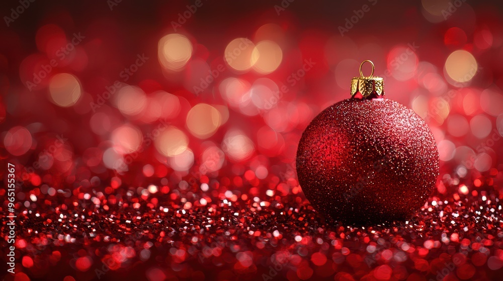 A close-up of a red Christmas ornament on shimmering red glitter with soft bokeh lights in the background during the holiday season A close-up of a red Christmas ornament on shimmering red glitter with soft bokeh lights in the background during the holiday season