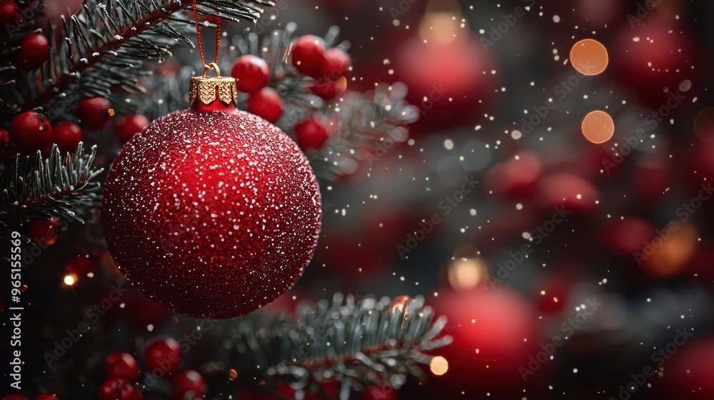 A beautifully decorated Christmas tree adorned with red ornaments and sparkling lights during a snowy winter evening A beautifully decorated Christmas tree adorned with red ornaments and sparkling lights during a snowy winter evening