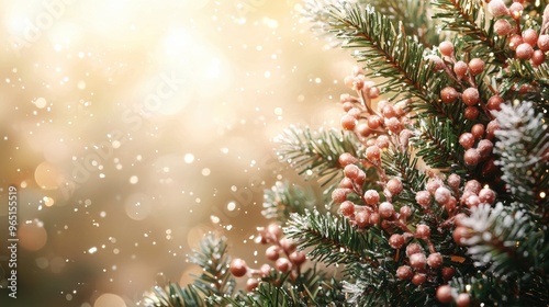 Festive close-up of snowy evergreen branches adorned with berries and softly glowing lights during winter season