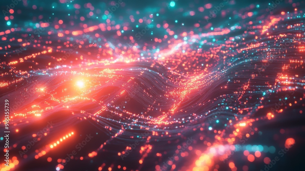 A stunning background of vibrant digital waves is illuminated by red and blue light particles. A stunning background of vibrant digital waves is illuminated by red and blue light particles.