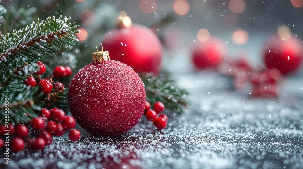 Festive red ornaments nestled among snow-covered pine branches and berries during a cozy winter evening Festive red ornaments nestled among snow-covered pine branches and berries during a cozy winter evening