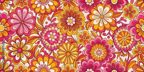 Groovy Retro Floral Pattern, Pink, Orange, White, 70s, vintage, psychedelic