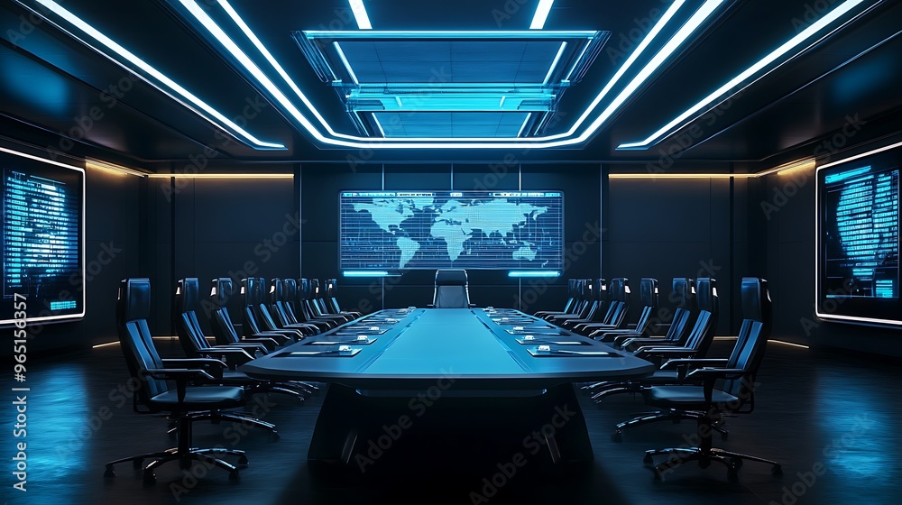 Obraz premium Futuristic Control Room with Global Monitoring