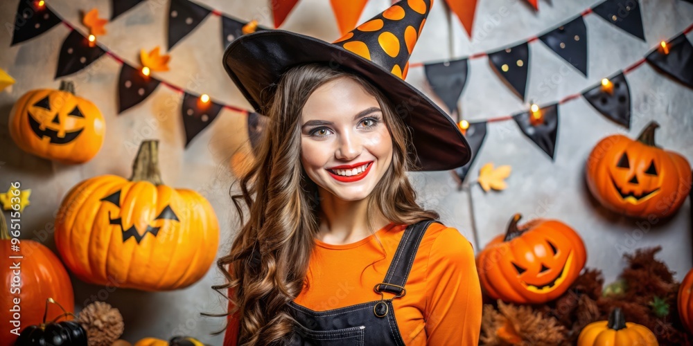 A young woman, clad in a cost-effective Halloween outfit, stands confidently against a decorated backdrop, flashing a A young woman, clad in a cost-effective Halloween outfit, stands confidently against a decorated backdrop, flashing a