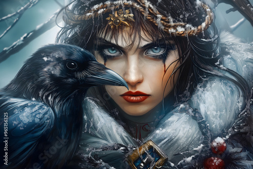 A nostalgic, hand-drawn illustration depicting a powerful female warrior witch, accompanied by a bird, exuding an enchanting and mystical aura. photo