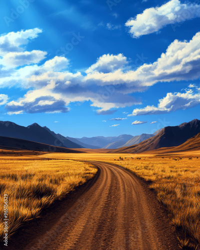 A road winds through a desert with mountains in the background. The sky is blue with clouds scattered throughout