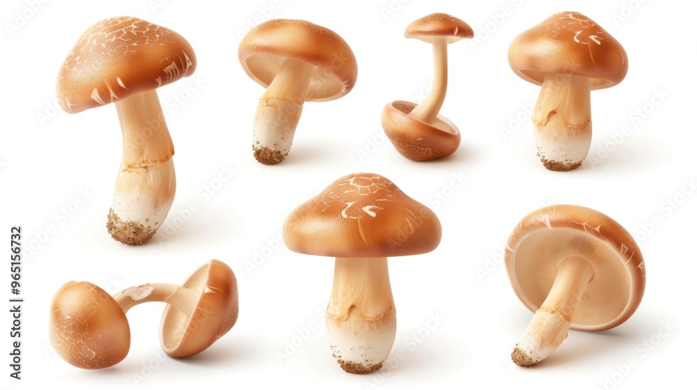 Fototapeta premium Set of brown cremini mushrooms. 3D realistic icons isolated on white background.