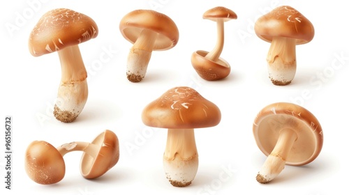 Set of brown cremini mushrooms. 3D realistic icons isolated on white background.